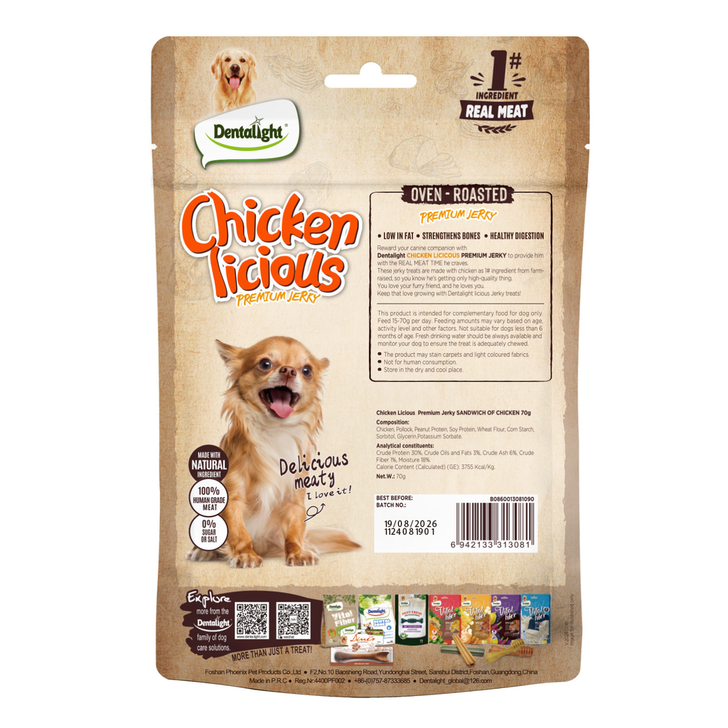 Dentalight Chicken Licious Jerky Treats For Dogs-Sandwitch of Chicken 70g