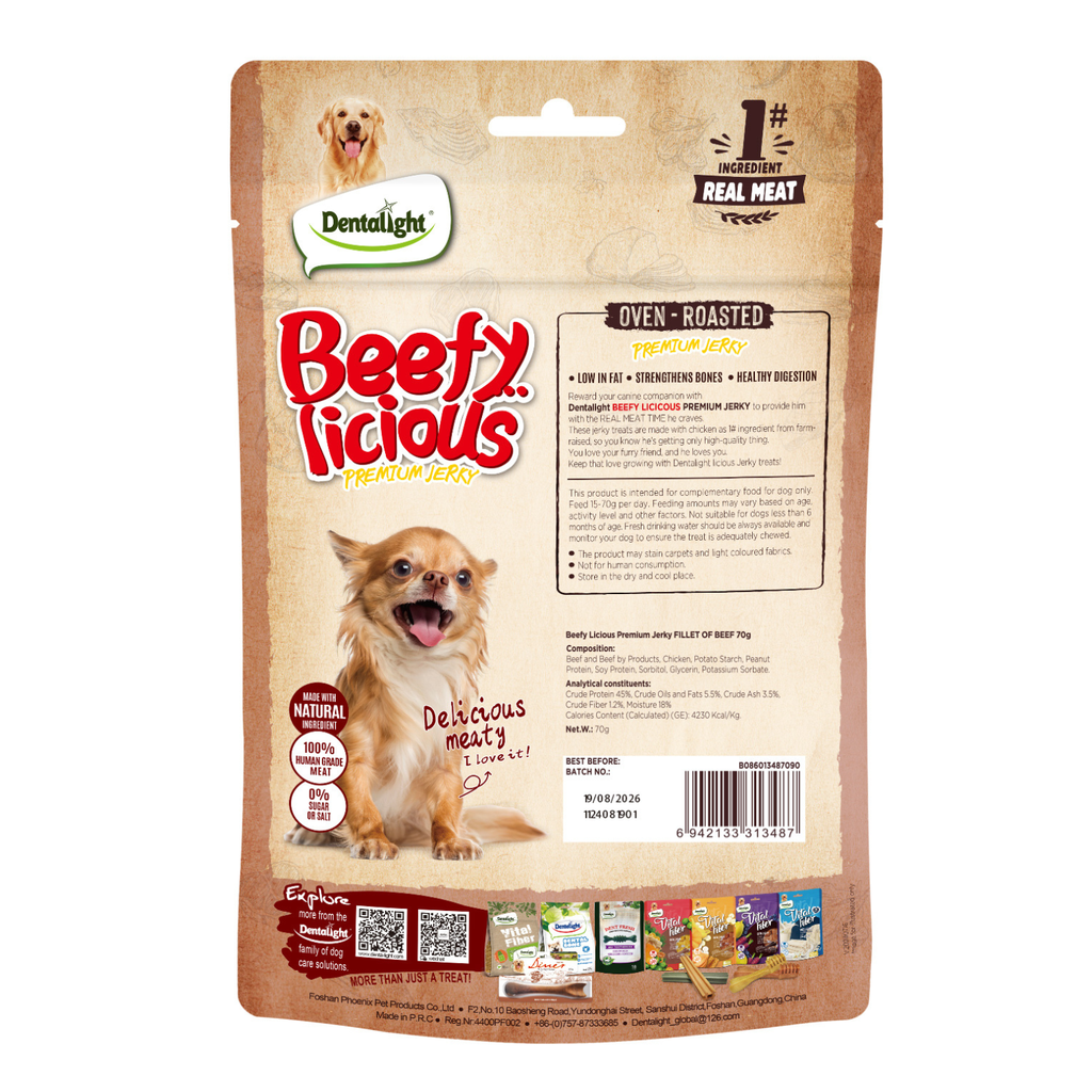 Dentalight Beefy Licious Jerky Treats For Dogs-Fillet of Beef 70g