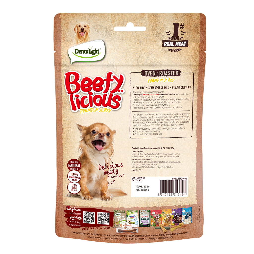 Dentalight Beefy Licious Jerky Treats For Dogs-Strip of Beef 70g