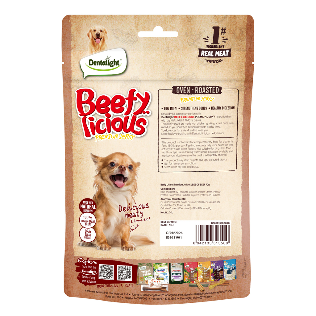 Dentalight Beefy Licious Jerky Treats For Dogs-Cube of Beef 70g
