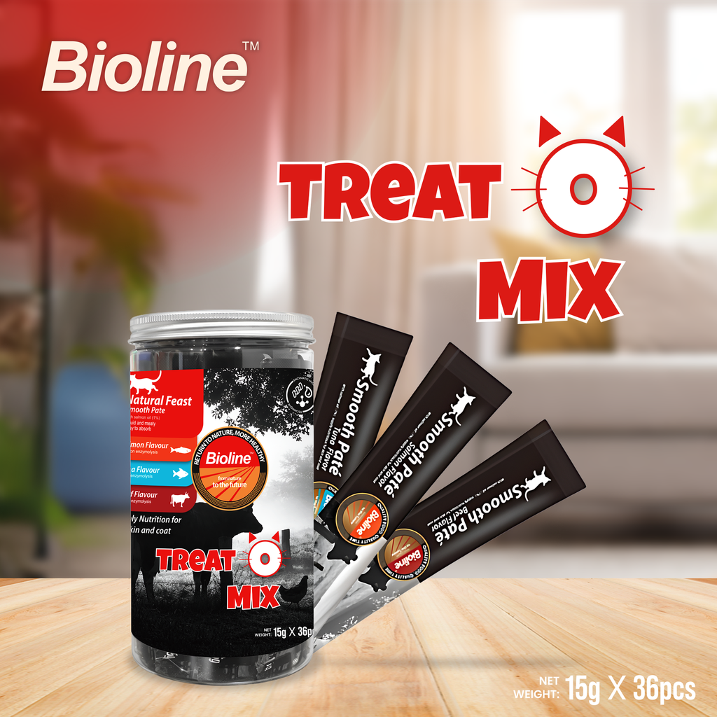 Bioline Treat-O-Mix Smooth Pate Treat-Salmon,Tuna & Beef-15g x 36 pcs