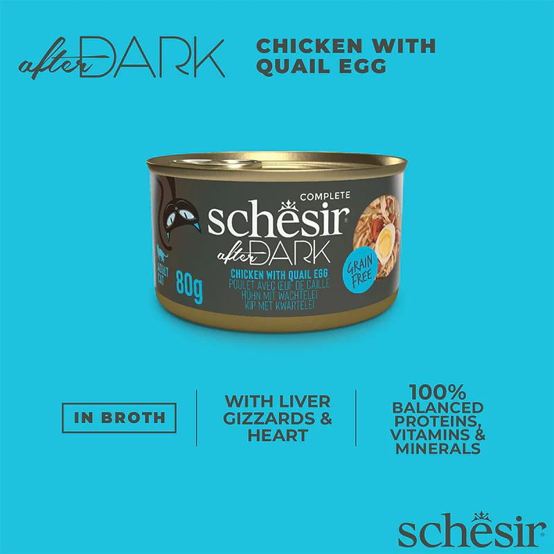 Schesir After Dark Wholefood In Broth For Cat - Chicken With Quail Egg 80g (Min Order- 12 Cans)