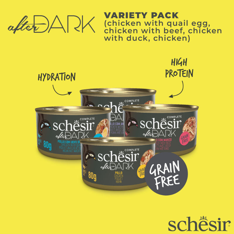 Schesir After Dark Wholefood In Broth Variety Pack For Cat 960g (80g x12 Cans) - 4 Flavors (3 Cans Each Flavor)