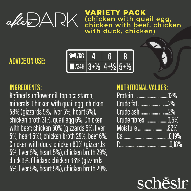 Schesir After Dark Wholefood In Broth Variety Pack For Cat 960g (80g x12 Cans) - 4 Flavors (3 Cans Each Flavor)