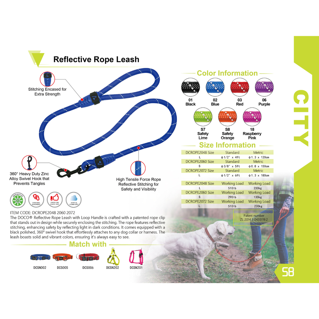 DOCO® Reflective Rope Leash With Plastic Encased Handle Loop Ver.9 Ø13mm x 180cm [Color - Blue, Size-L] 