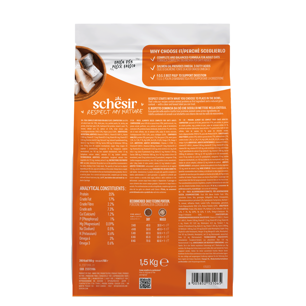 Schesir Monoprotein Adult Dry Cat Food – Fresh Fish-1.5kg