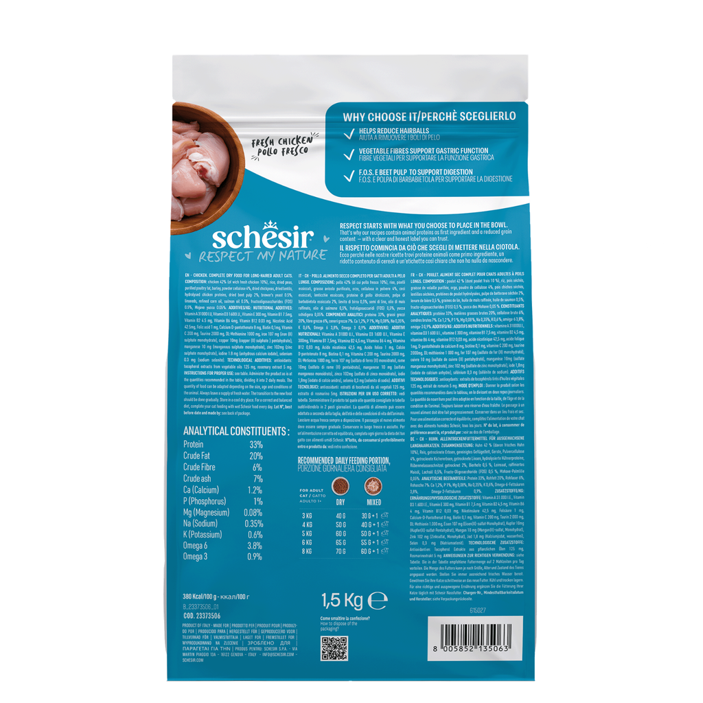 Schesir Monoprotein Adult Dry Cat Food – Hairball-Fresh Chicken-1.5kg