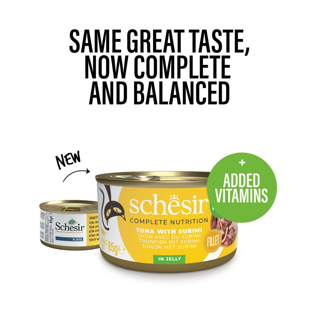 Schesir Complete & Balanced Nutrition Wet Cat Food in Jelly Can – Tuna with Surimi 85g - Buy 24 pcs and get 12 pcs free