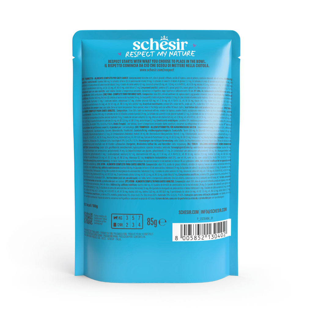 Schesir Complete & Balanced Nutrition Wet Cat Food in Mouse Pouch- Tuna 85g [MOQ:12pcs] (New)