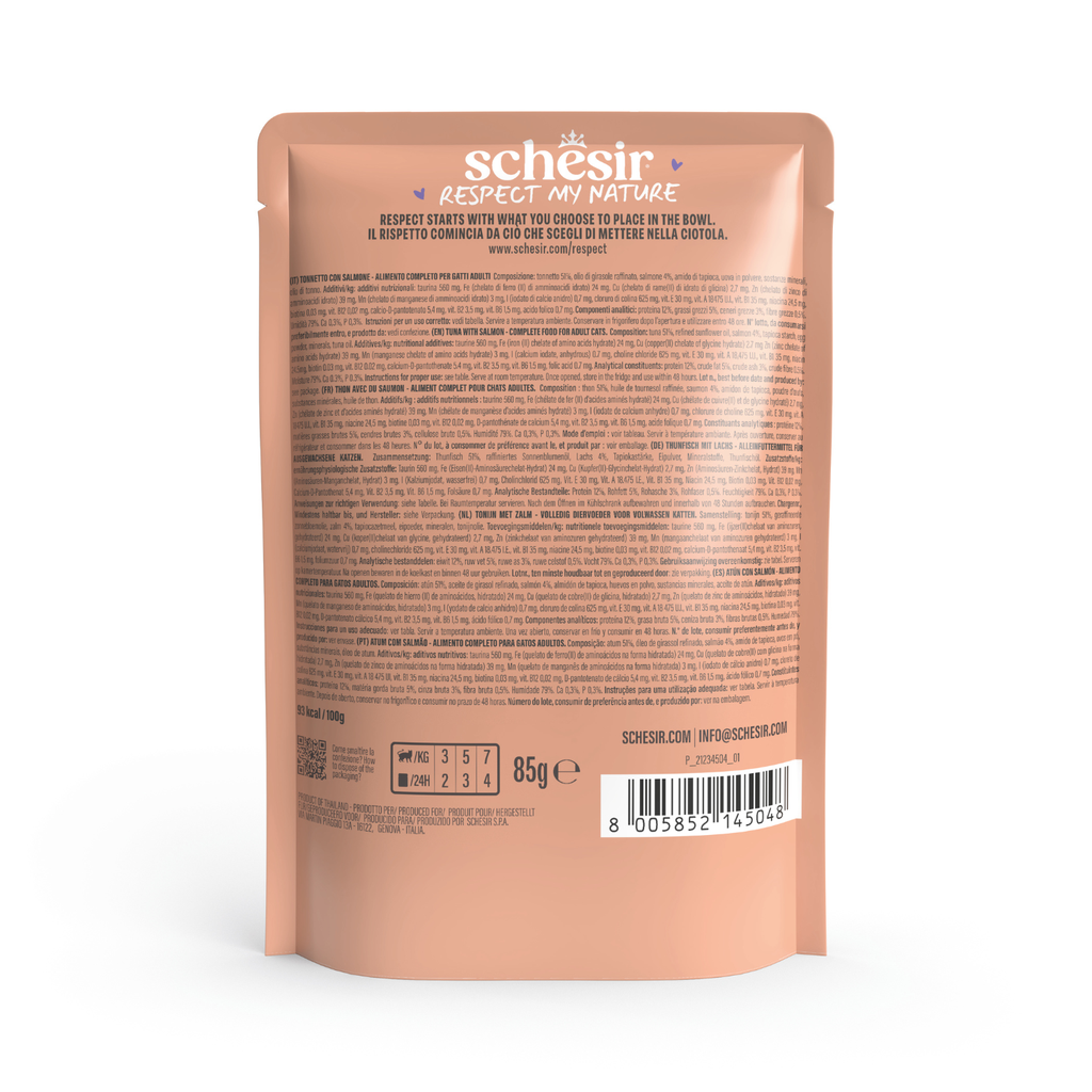 Schesir Complete & Balanced Nutrition Wet Cat Food in Mousse Pouch- Tuna With Salmon 85g [MOQ:12pcs] (New)