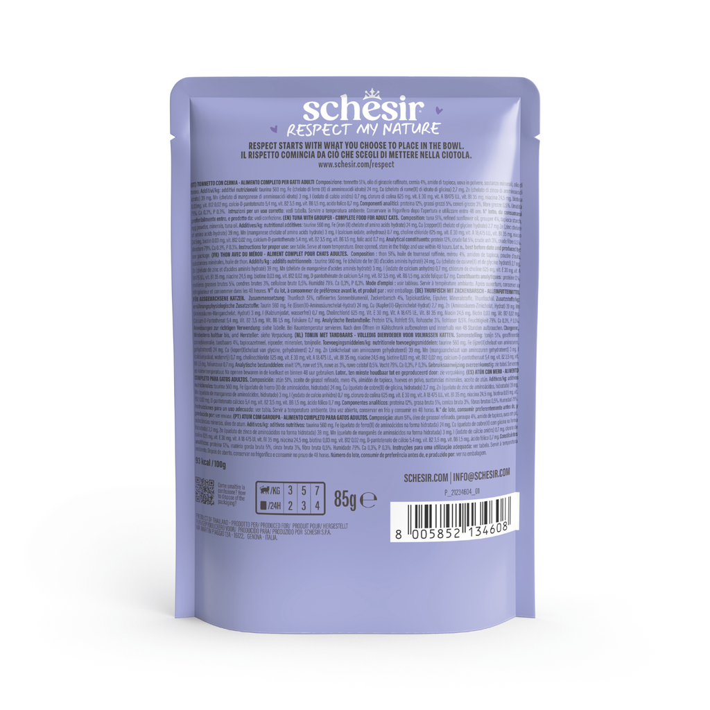 Schesir Complete & Balanced Nutrition Wet Cat Food in Mousse Pouch- Tuna With Grouper 85g [MOQ:12pcs] (New)