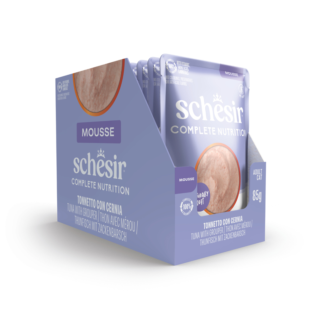 Schesir Complete & Balanced Nutrition Wet Cat Food in Mousse Pouch- Tuna With Grouper 85g [MOQ:12pcs] (New)