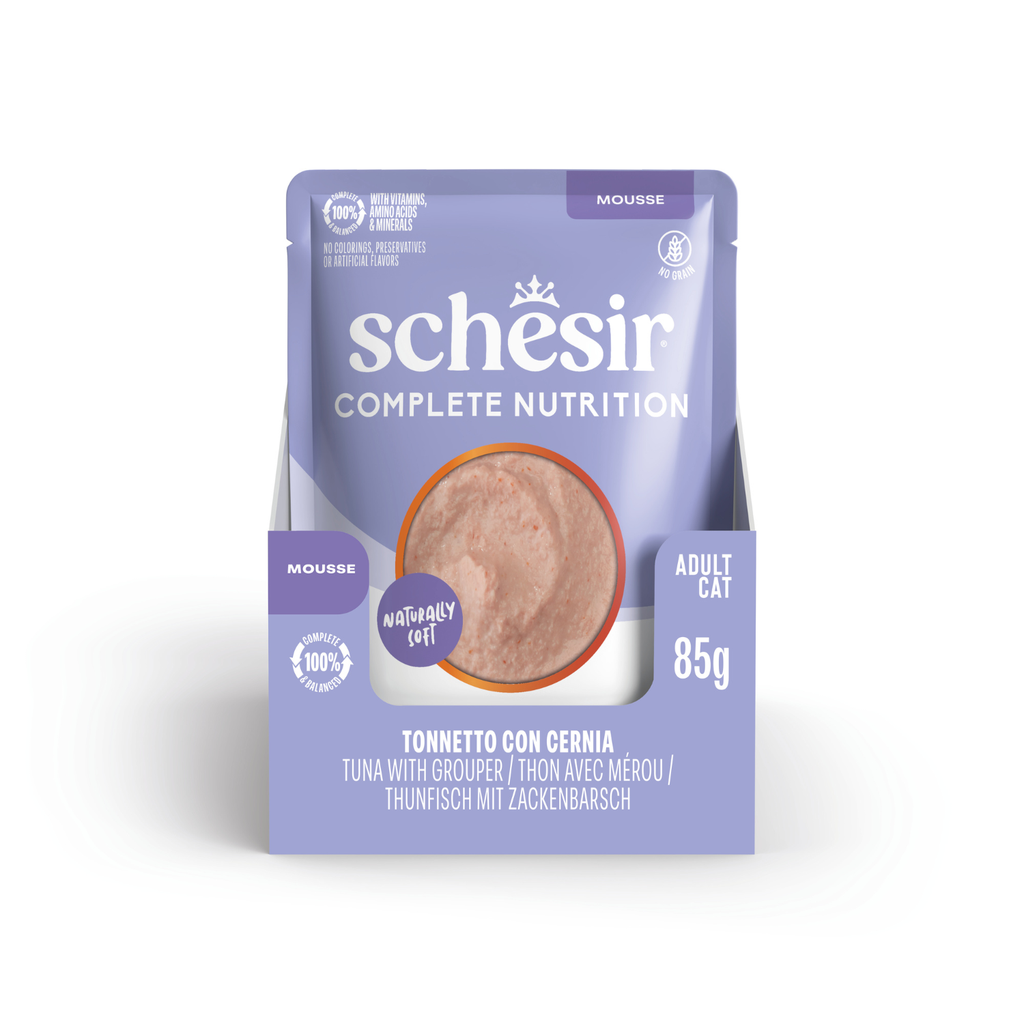 Schesir Complete & Balanced Nutrition Wet Cat Food in Mousse Pouch- Tuna With Grouper 85g [MOQ:12pcs] (New)