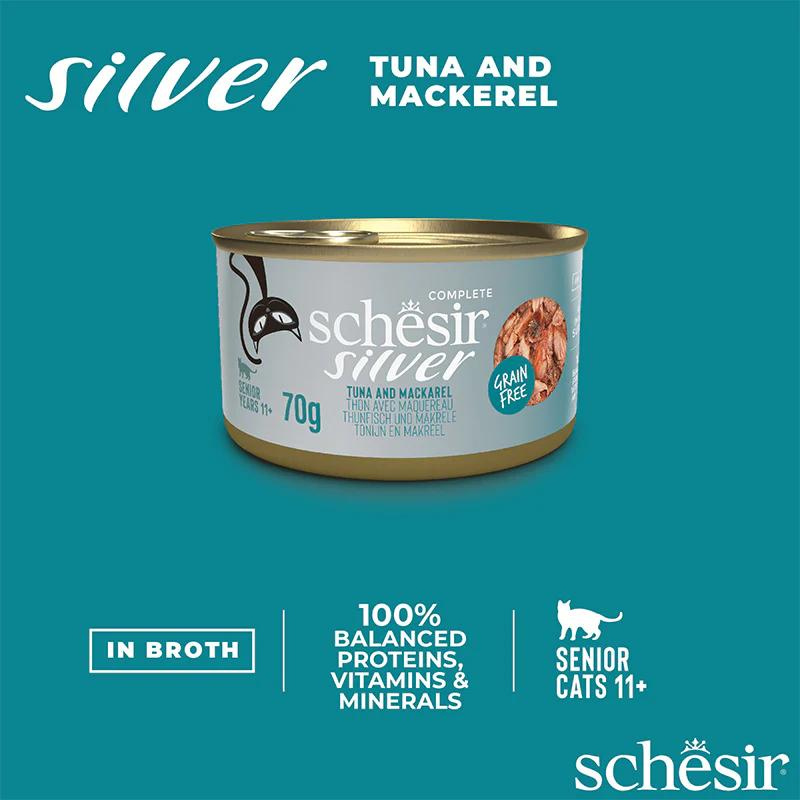 Schesir Silver Senior Cat Wholefood - Tuna And Mackerel 70g (Min Order- 12 Cans)