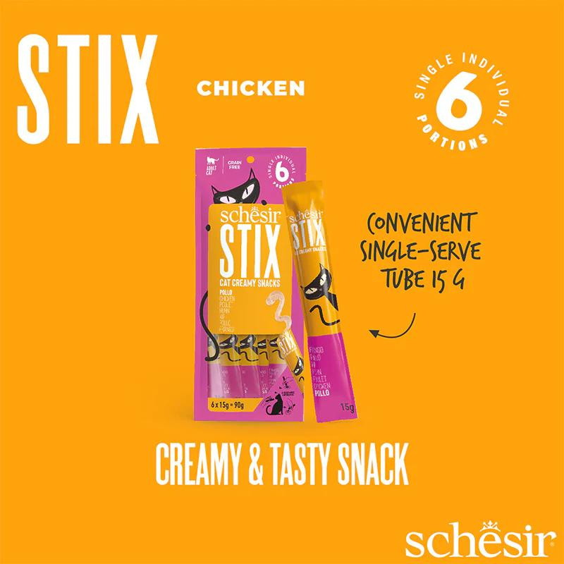 Schesir Stix Treat For Cat In Cream - Chicken 6x15g  (Min Order- 12 Pack)