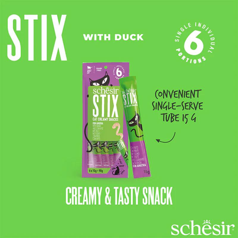 Schesir Stix Treat For Cat In Cream - Duck 6x15g (Min Order- 12 Pack)