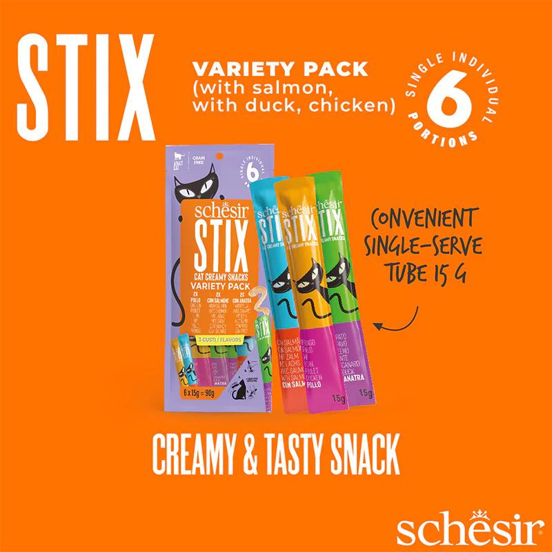 Schesir Stix Treat Variety Pack  6x15g - Mixed Flavors: Chicken,Duck & Salmon, (Min Order- 12 Pack)