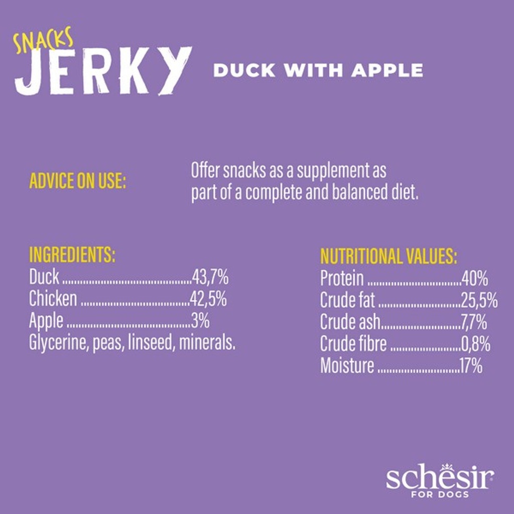 Schesir GF Dog Snacks Jerky 145g - Duck with Apple