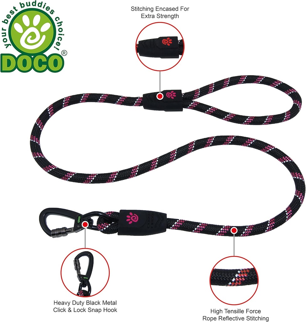 Doco 5ft Reflective Rope Leash With Click & Lock Snap (DCROPE5060)[Color - Pink, Size - S]