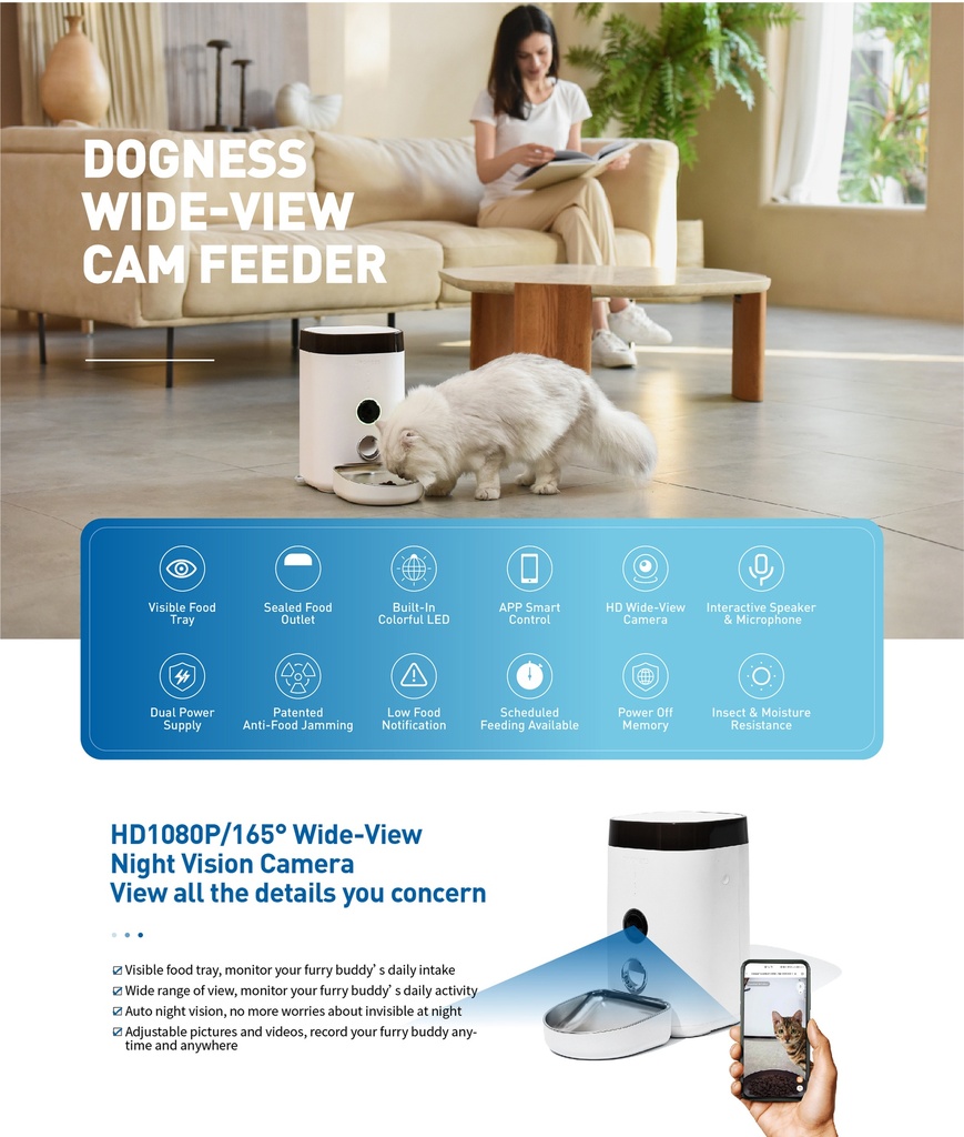 Dogness Panoramic Cam Smart Feeder Pet Food Dispenser With  HD-1080p Wide-View Camera & App Control- 3.6L