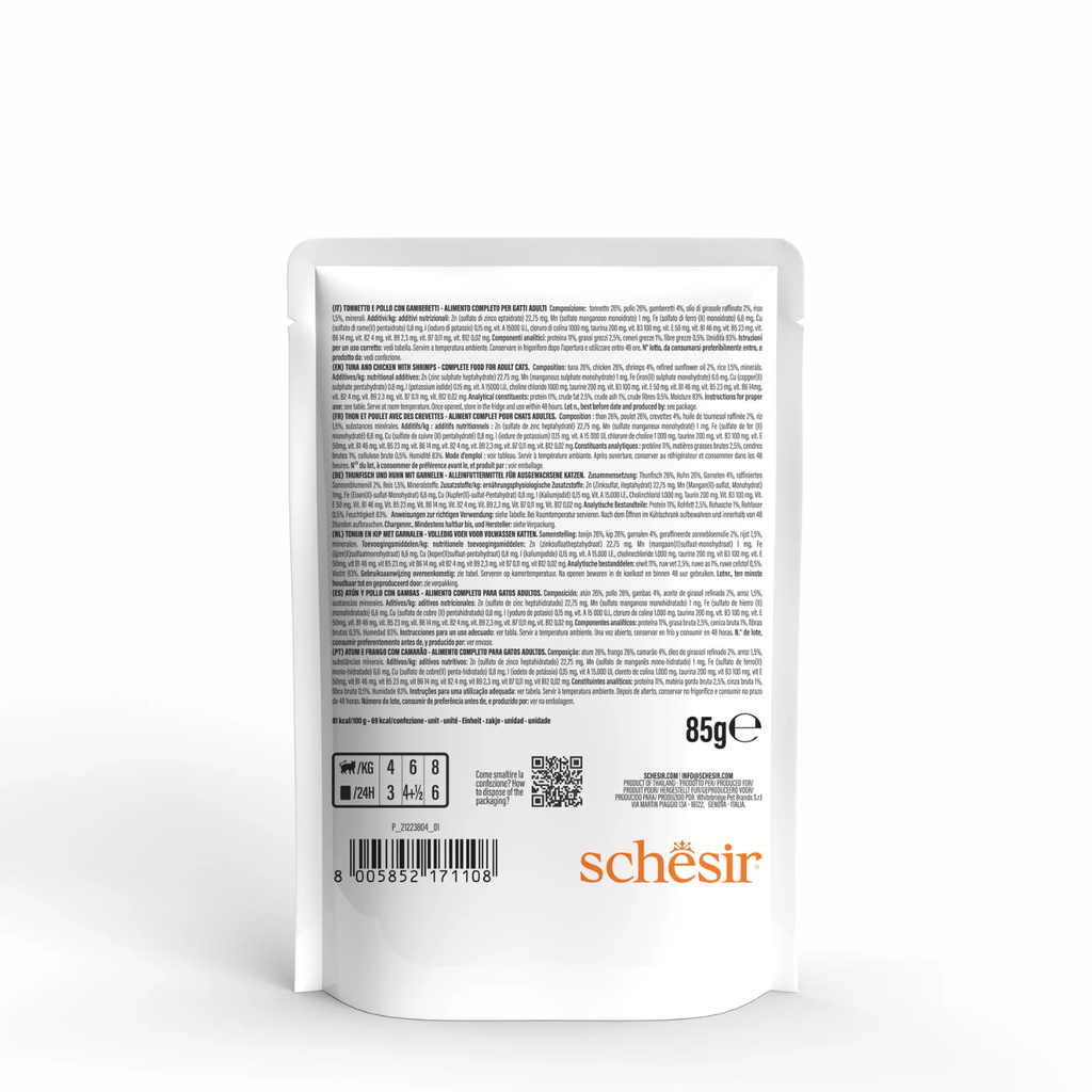 Schesir Complete & Balanced Nutrition Wet Cat Food in Jelly Pouch- Tuna & Chicken With Shrimp 85g [MOQ:12pcs]