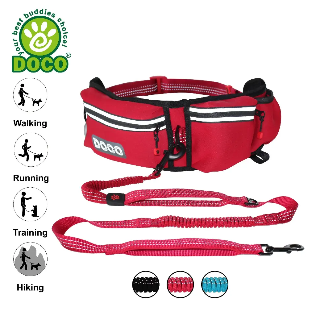 DOCO® Lite Reflective Jogging Belt With Reflective Bungee [Bag:2.5 x 76-107cm; Leash: 2.5 x 130-150cm]-Black