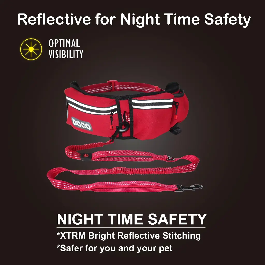 DOCO® Lite Reflective Jogging Belt With Reflective Bungee [Bag:2.5 x 76-107cm; Leash: 2.5 x 130-150cm]-Black