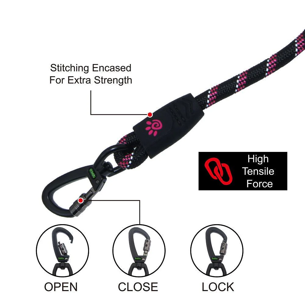 DOCO® Reflective Rope Leash With soft Rubber Handle Ver.5 - Click & Lock Snap-Large-Ø13mm x 120cm-Black