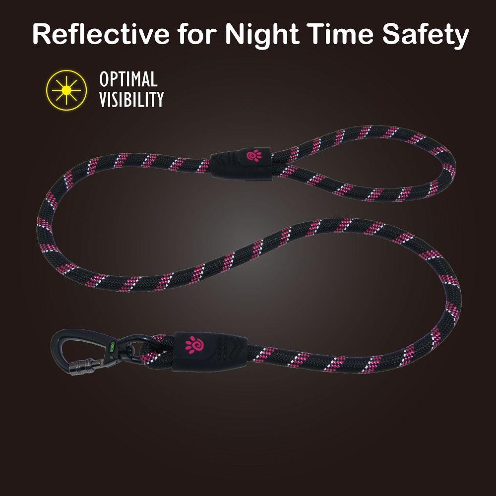 DOCO® Reflective Rope Leash With soft Rubber Handle Ver.5 - Click & Lock Snap-Large-Ø13mm x 120cm-Black