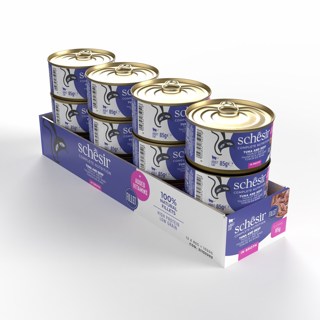 Schesir Complete & Balanced Nutrition Wet Cat Food in Broth Can- Tuna With Beef 85g [MOQ:12pcs]
