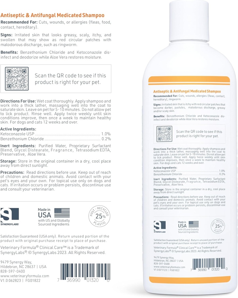 Synergy Labs Veterinary Formula Clinical Care Antiseptic & Antifungal Medicated Shampoo For Dogs & Cats 473ml[Volume - 473ml]