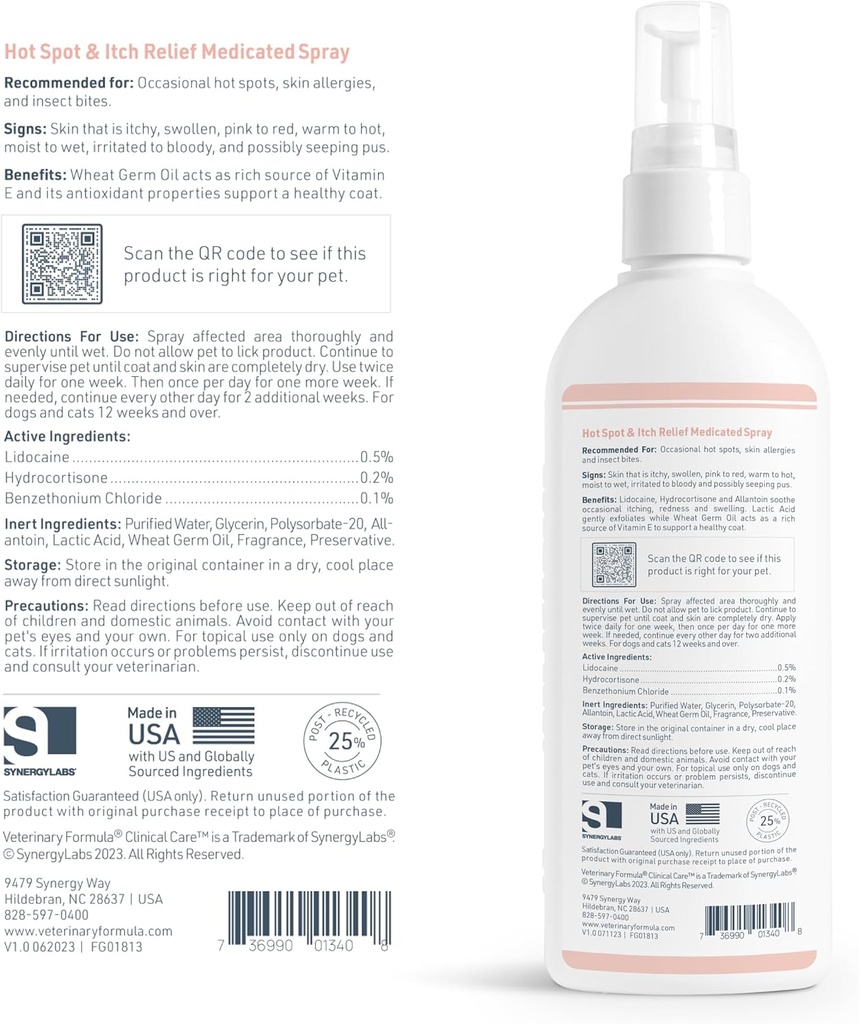 Synergy Labs Veterinary Formula Clinical Care Hot Spot & Itch Relief Medicated Spray 236ml For Dogs & Cats[Volume - 236ml]