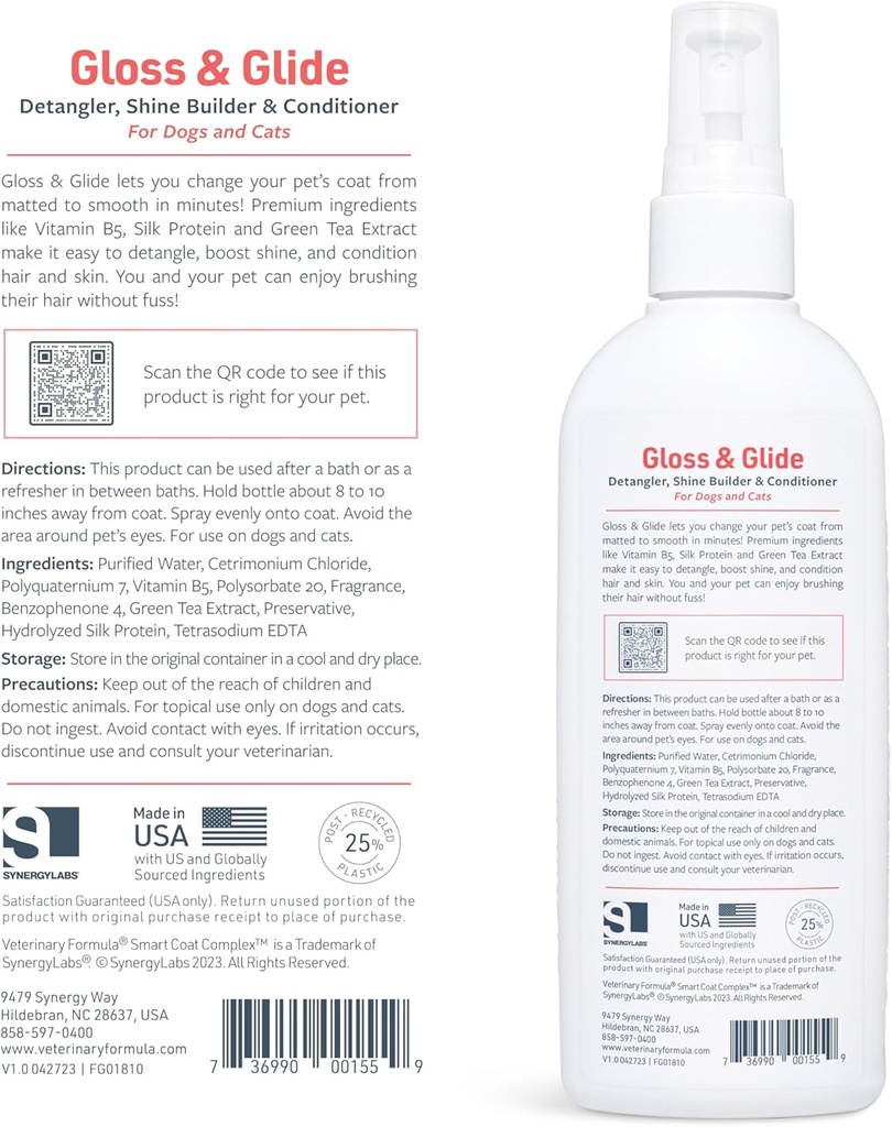 Synergy Labs Veterinary Formula Gloss and Glide Detangler, Shine Builder & Conditioner 8 oz -236 ml