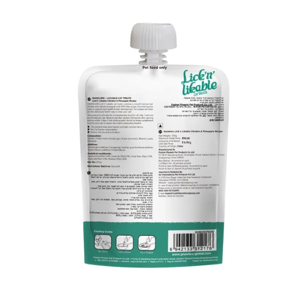 Gnawlers Lick 'n' Lickable Cat Treats 100g - Chicken & Pineapple