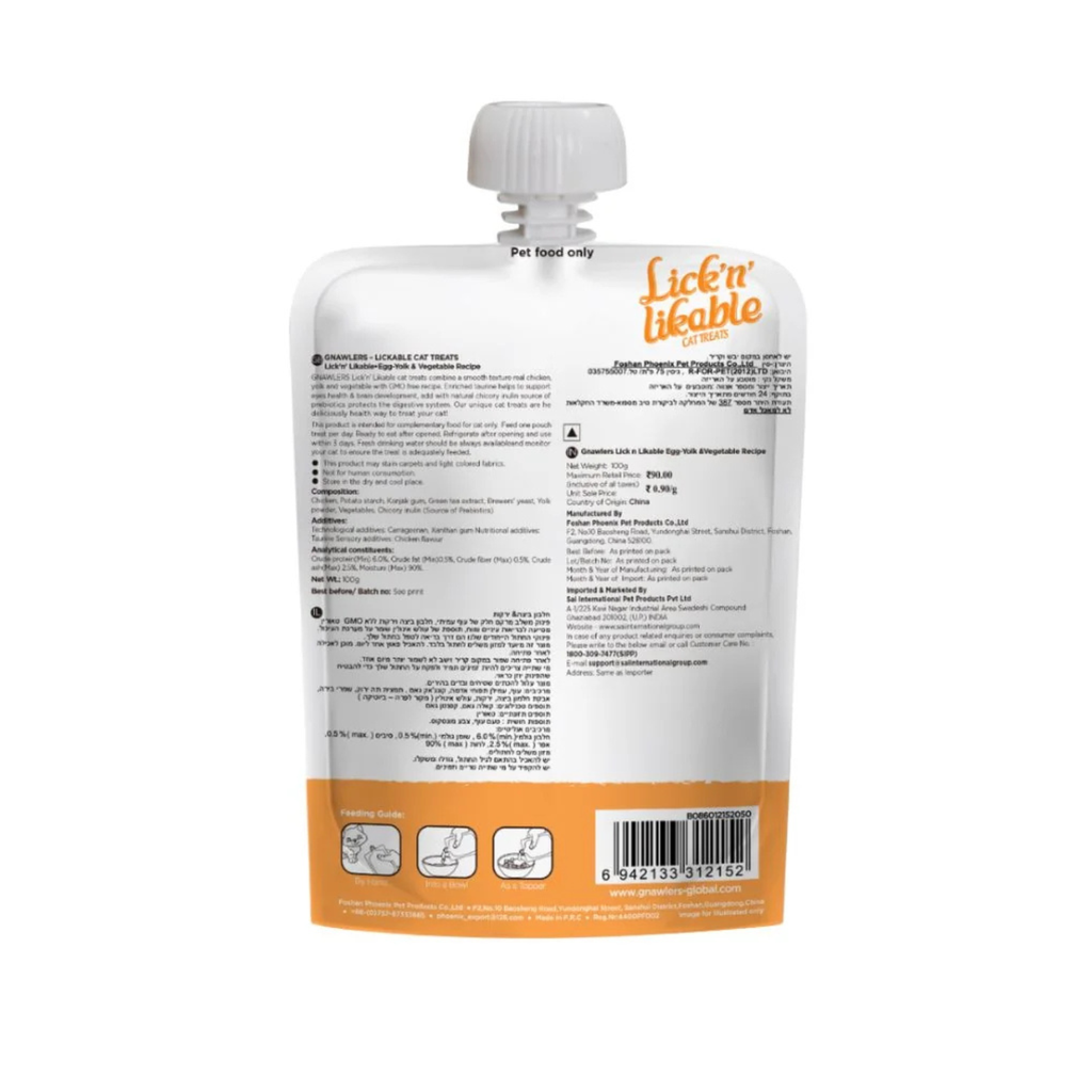 Gnawlers Lick 'n' Lickable Cat Treats 100g - Egg Yolk & Vegetable