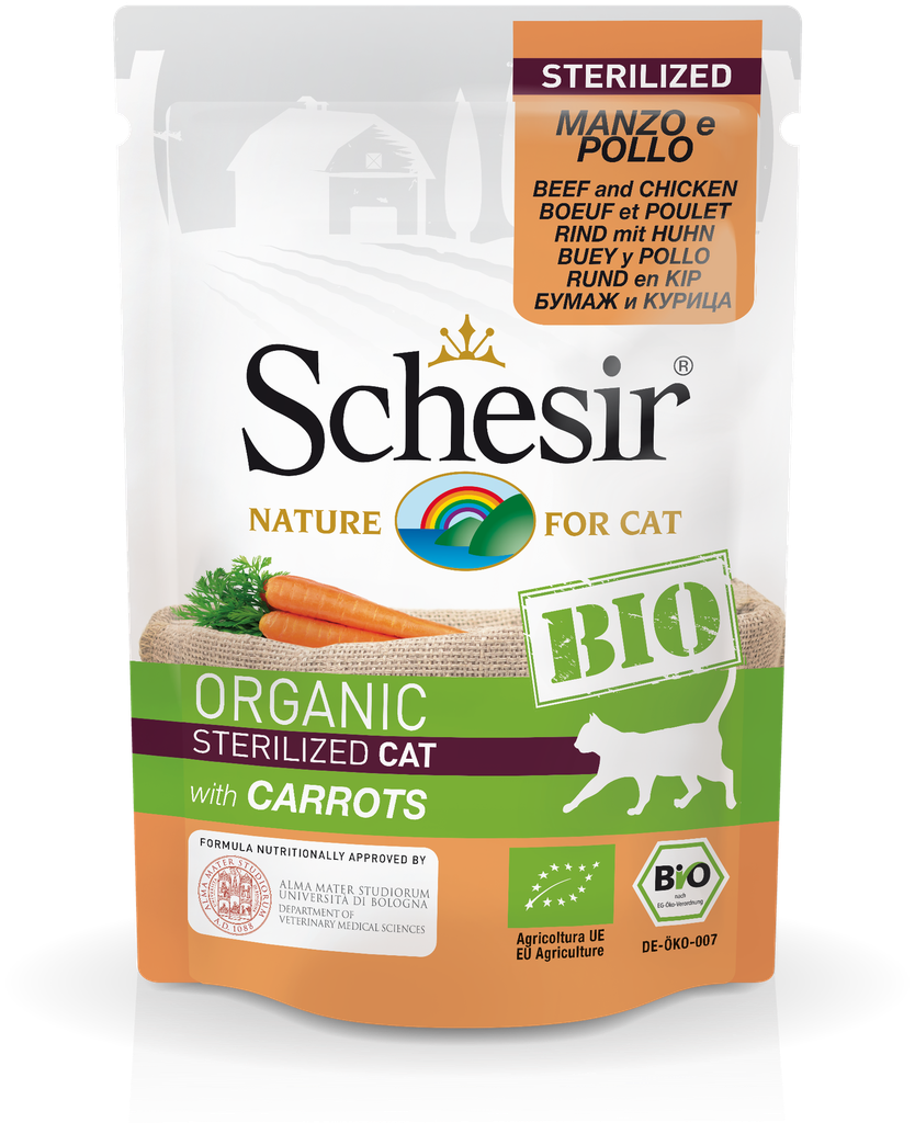 Schesir Bio Beef and Chicken With Carrots Sterilized Cat Wet Food[Weight - 85g] (Min Order 85g - 16pcs)