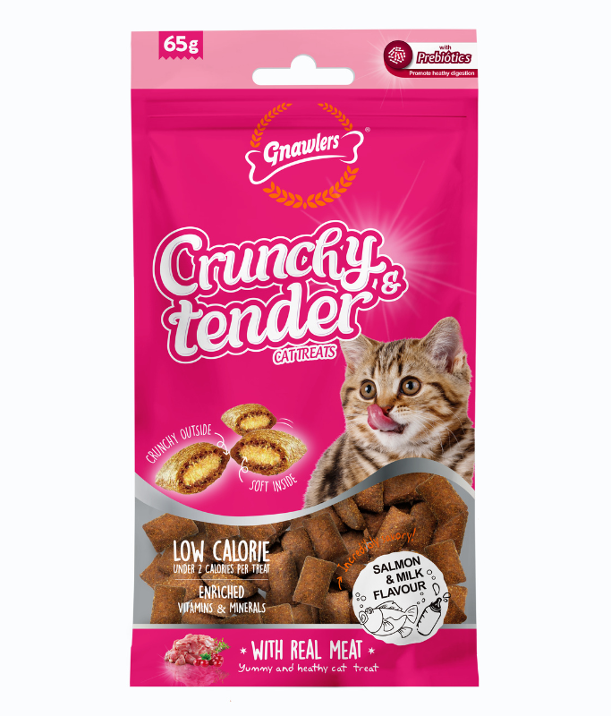 Gnawlers Crunchy & Tender Cat Treats 65g - Salmon & Milk Flavour