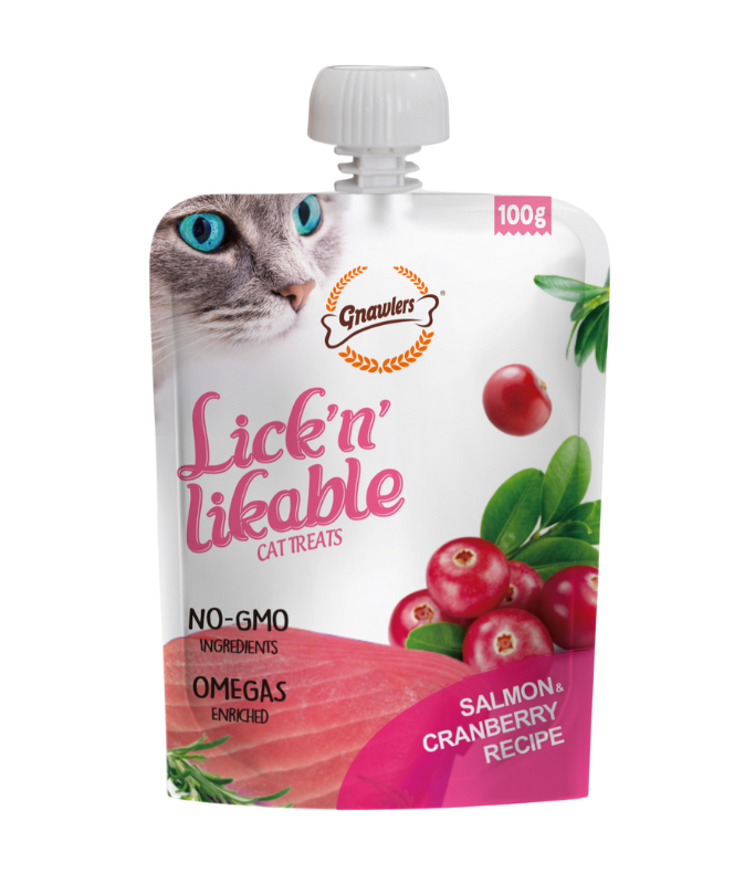 Gnawlers Lick 'n' Lickable Cat Treats 100g - Salmon & Cranberry