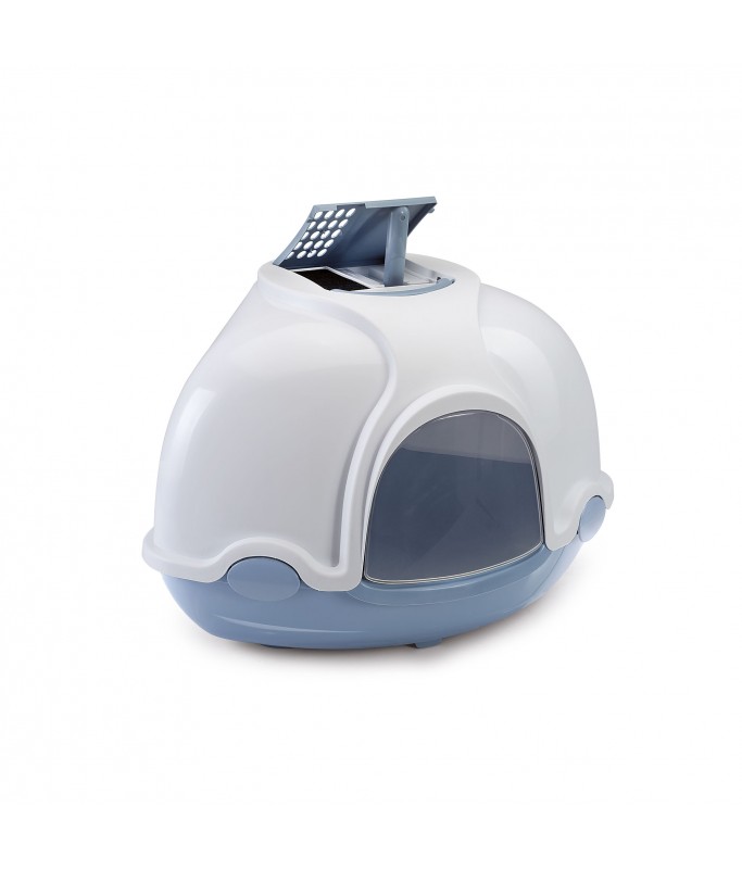 IMAC Ginger - Hooded Corner Shaped Litter Tray[Dimension - 52x52x44.5 cm, Color - Blue&White]