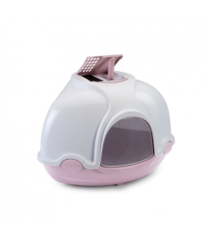 IMAC Ginger - Hooded Corner Shaped Litter Tray[Dimension - 52x52x44.5 cm, Color - Pink&White]