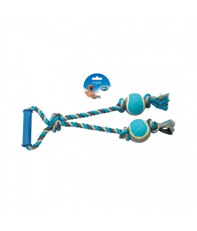 Duvo Tug Toy Knotted Cotton Loop & 2 Tennis Balls Grey/Blue 43cm[Length - 43cm]