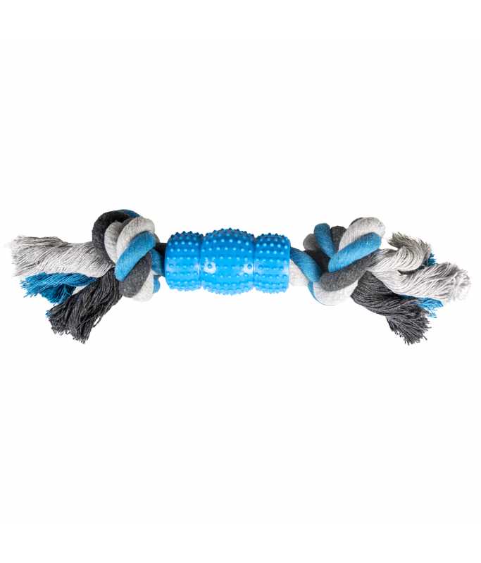 Duvo+ Tug Toy Knotted Cotton with 2 Knots & Rubber 23cm,Grey/Blue