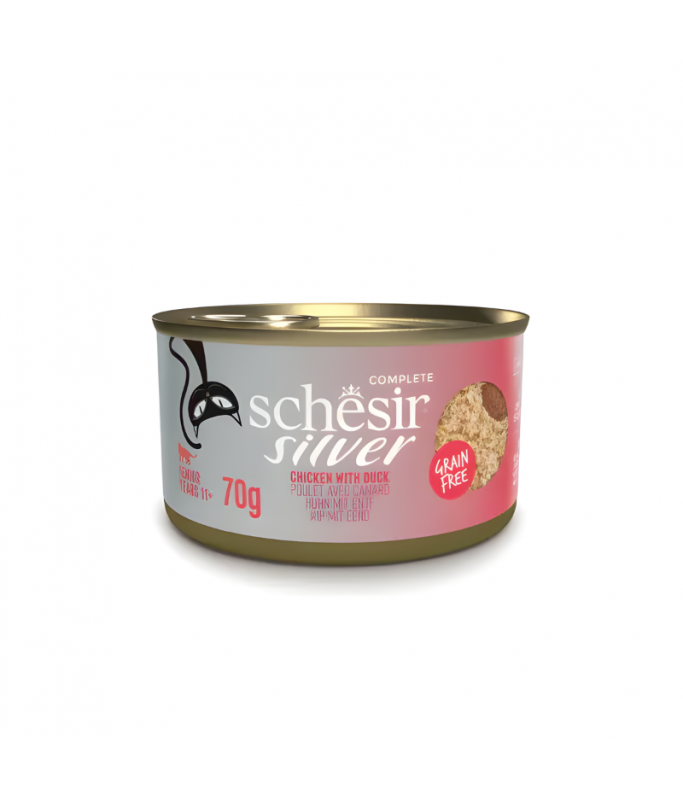 Schesir Silver Mousse & Fillets Senior Cat Wholefood - Chicken With Duck 70g (Min Order- 12 Cans)