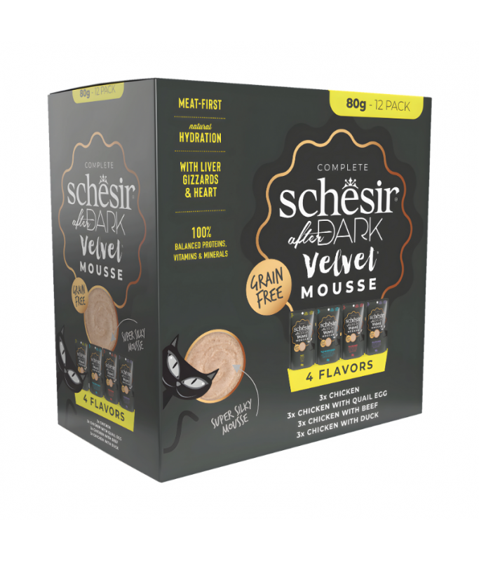 Schesir After Dark Velvet Mousse In Broth Variety Pack For Cat 960g (80g x12 Pouch) - 4 Flavors ( 3 Pouch Each Flavor)