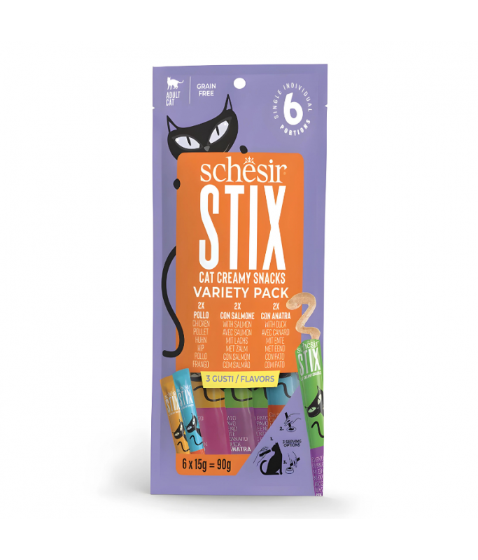 Schesir Stix Treat Variety Pack  6x15g - Mixed Flavors: Chicken,Duck & Salmon, (Min Order- 12 Pack)