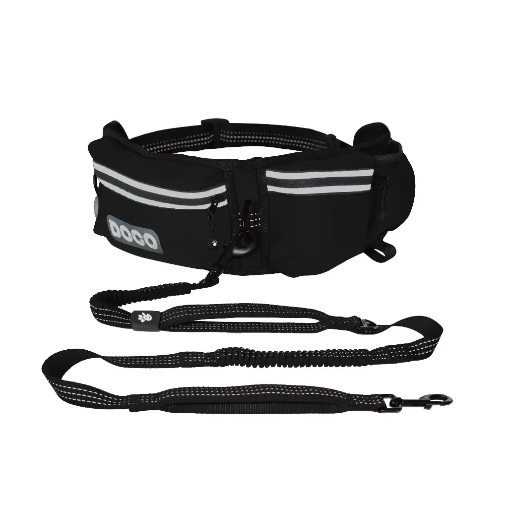 DOCO® Lite Reflective Jogging Belt With Reflective Bungee [Bag:2.5 x 76-107cm; Leash: 2.5 x 130-150cm]-Black