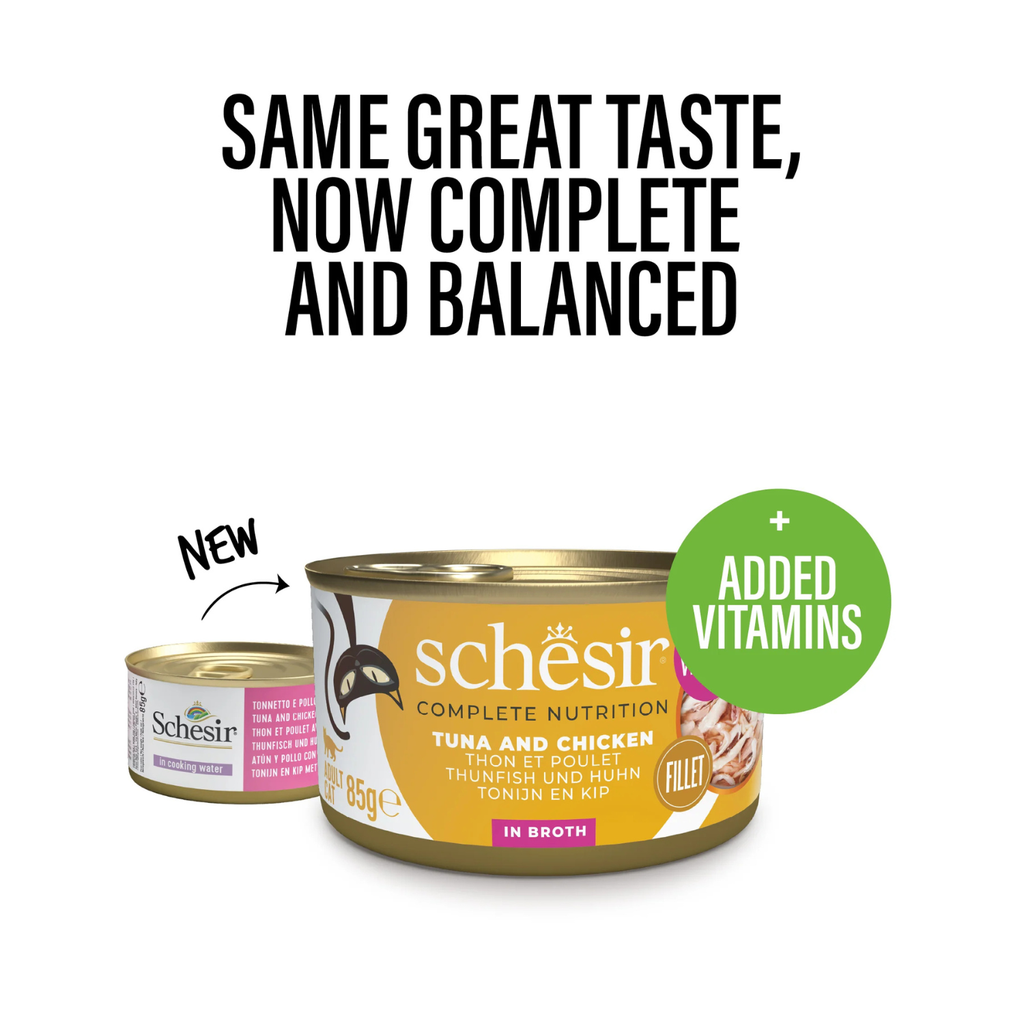 Schesir Complete & Balanced Nutrition Wet Cat Food in Broth Can- Tuna With Chicken 85g [MOQ:12pcs]