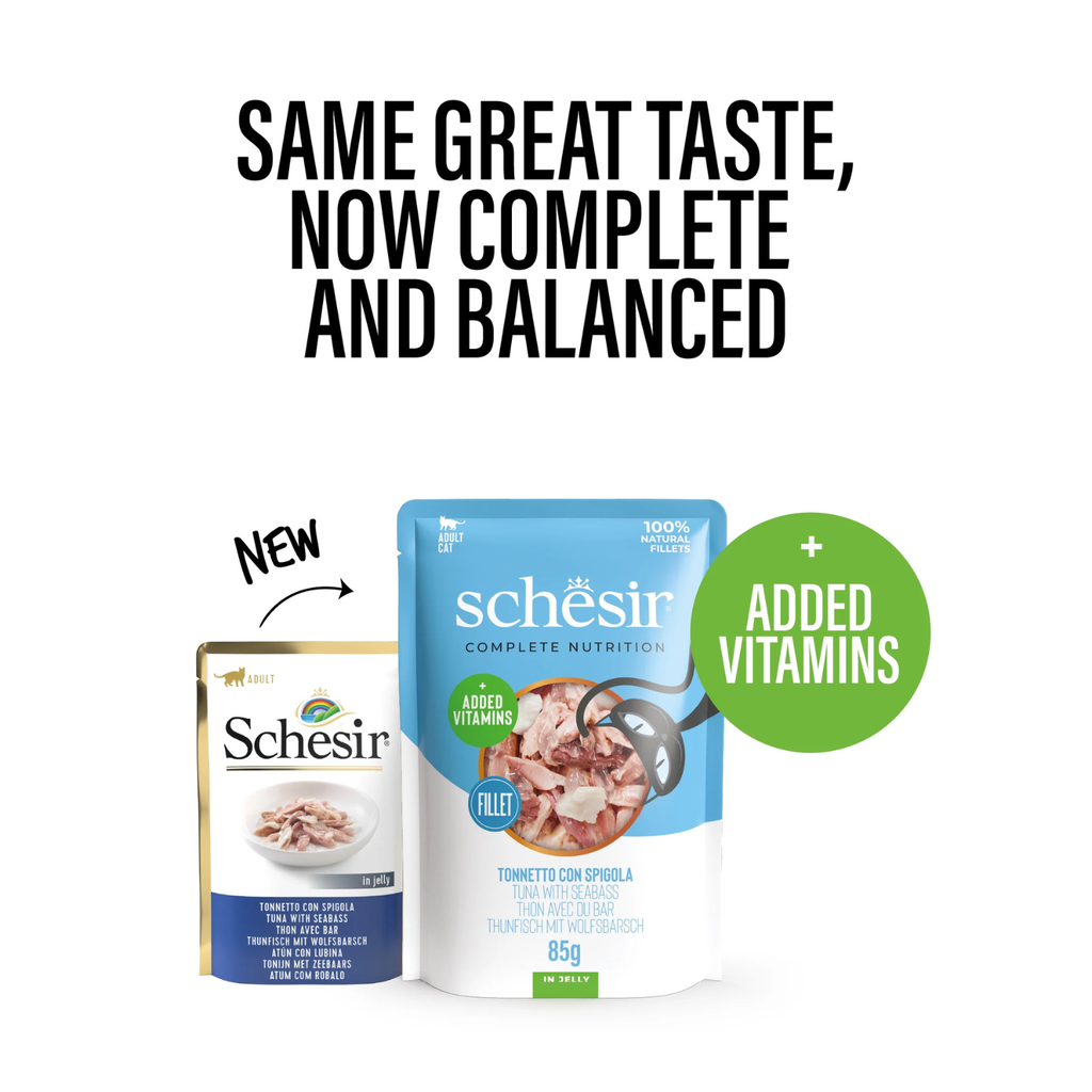 Schesir Complete & Balanced Nutrition Wet Cat Food in Jelly Pouch- Tuna With Seabass 85g [MOQ:12pcs]