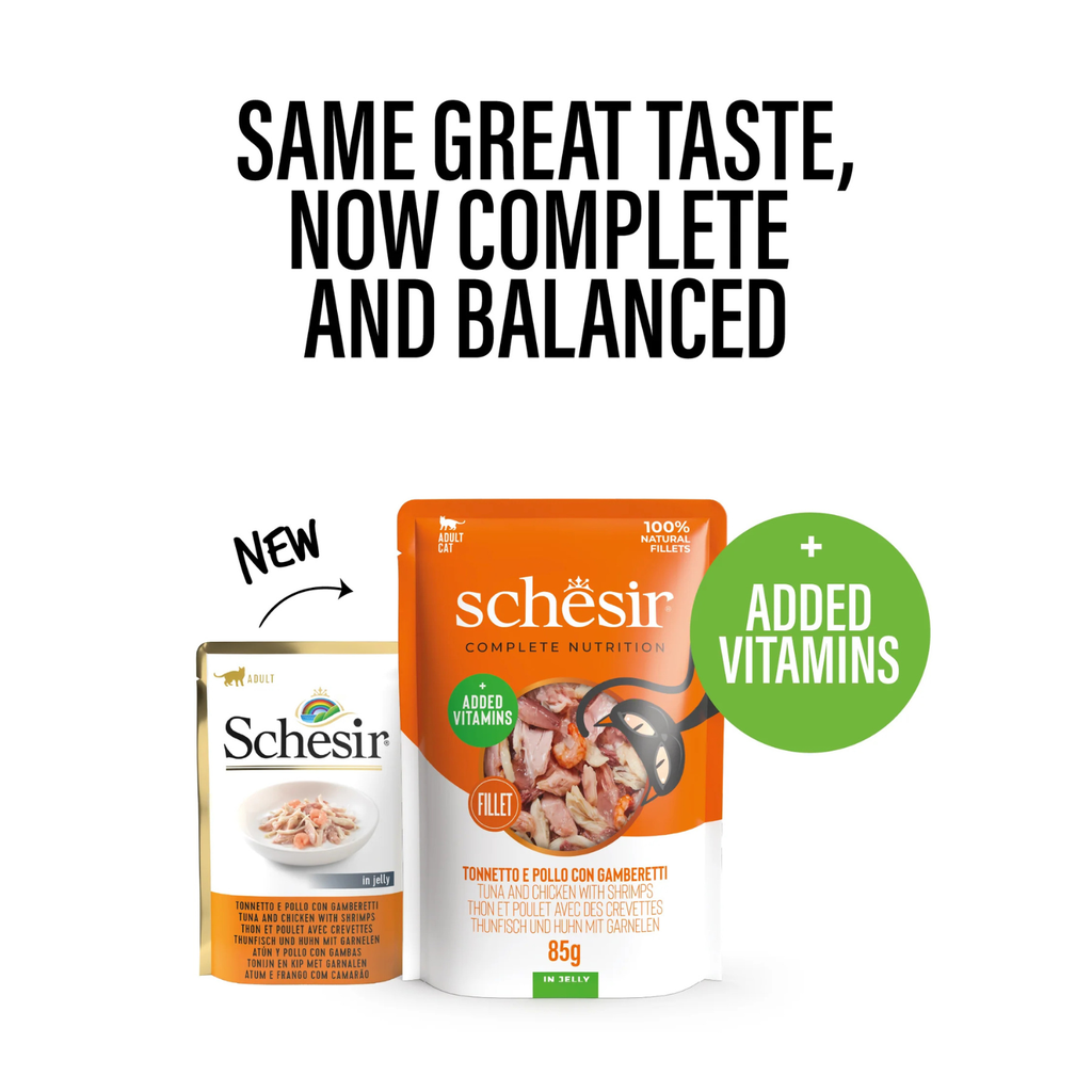 Schesir Complete & Balanced Nutrition Wet Cat Food in Jelly Pouch- Tuna & Chicken With Shrimp 85g [MOQ:12pcs]