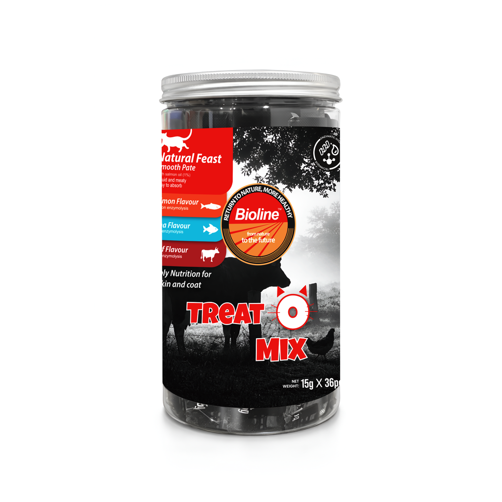 Bioline Treat-O-Mix Smooth Pate Treat-Salmon,Tuna & Beef-15g x 36 pcs